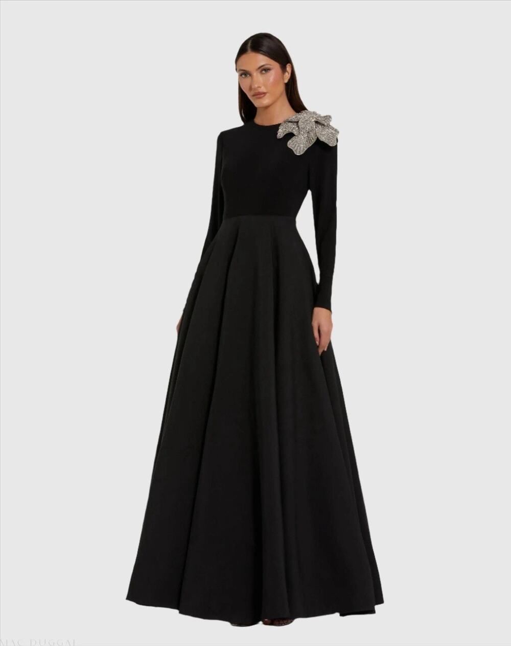 NWT MAC DUGGAL 11832 Black Size 16 Long Sleeve Taffeta 3D Flower Ball Gown NWOT